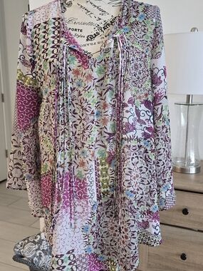 Unity World Wear Multicolor Floral Fringe Boho Blouse - Purple, Green, Blue